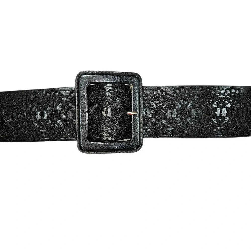 VTG Unbranded Lace Overlay Faux Leather Waist Belt Black Sz XL